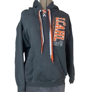 Mens‎ (M) Black Hoodie LCAHL Amateur Hockey Pennant Orange Fabric Letters Cotton